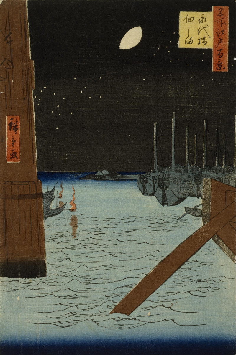 Utagawa Hiroshige reprodukcija Moon Over Ships Moored At Tsukuda Island From Eitai Bridge