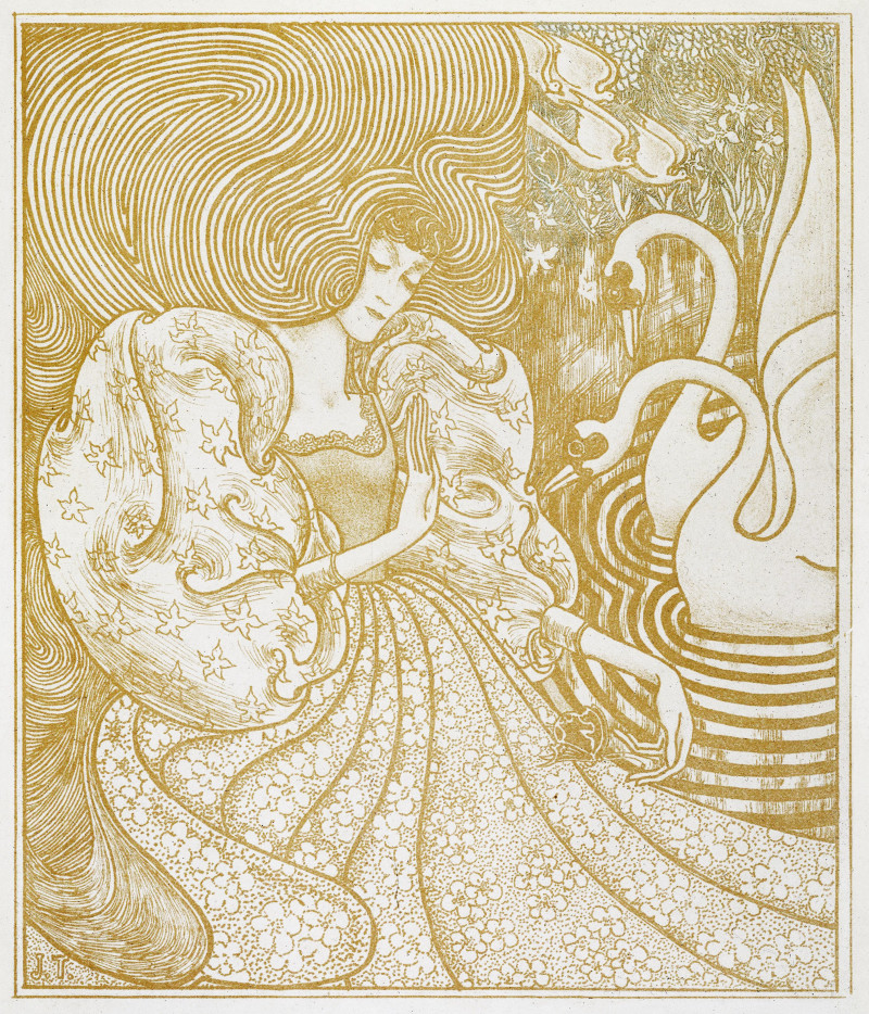 Jan Toorop reprodukcija Woman with a Butterfly at a Pond with Two Swans (1894)