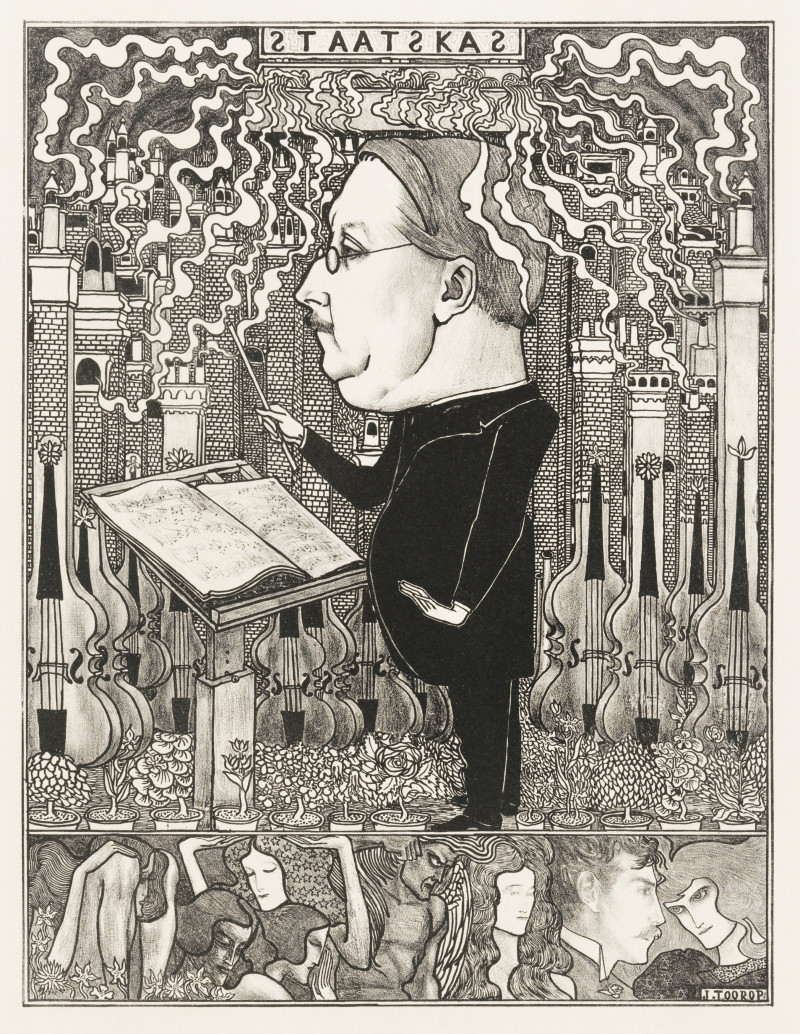 Jan Toorop reprodukcija Conductor with violins and smoking chimneys behind (1895)