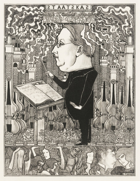 Conductor with violins and smoking chimneys behind (1895)