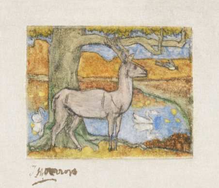 Deer near a Tree in Front of a Pond (1895)