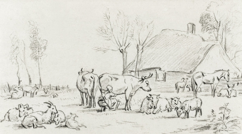 Jean Bernard reprodukcija Farmyard with cattle and milking woman (1775-1883)