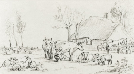 Farmyard with cattle and milking woman (1775-1883)
